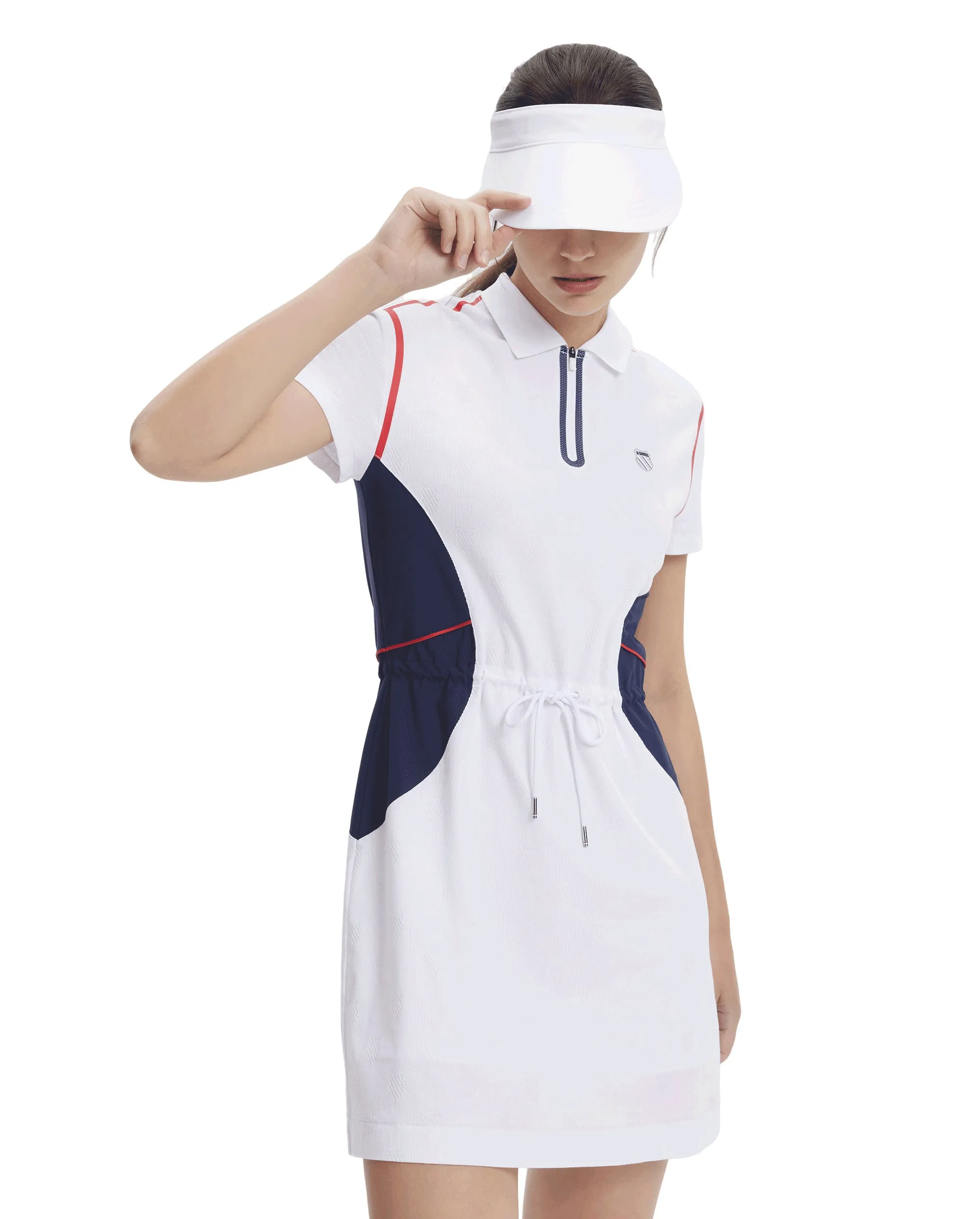 197189-100 | WOMEN'S ALL-OVER LOGO COLOR BLOCKS POLO DRESS | WHITE