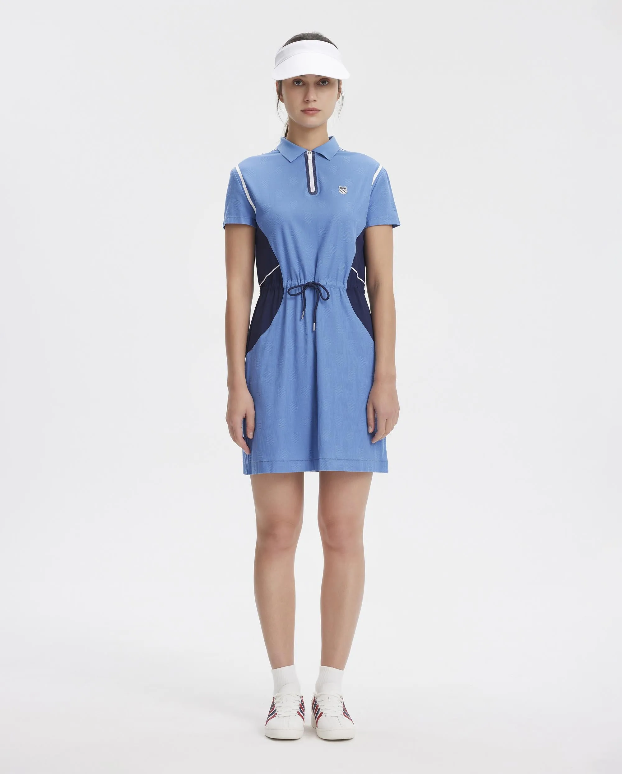 197189-401 | WOMEN'S ALL-OVER LOGO COLOR BLOCKS POLO DRESS | NAVY/WHITE