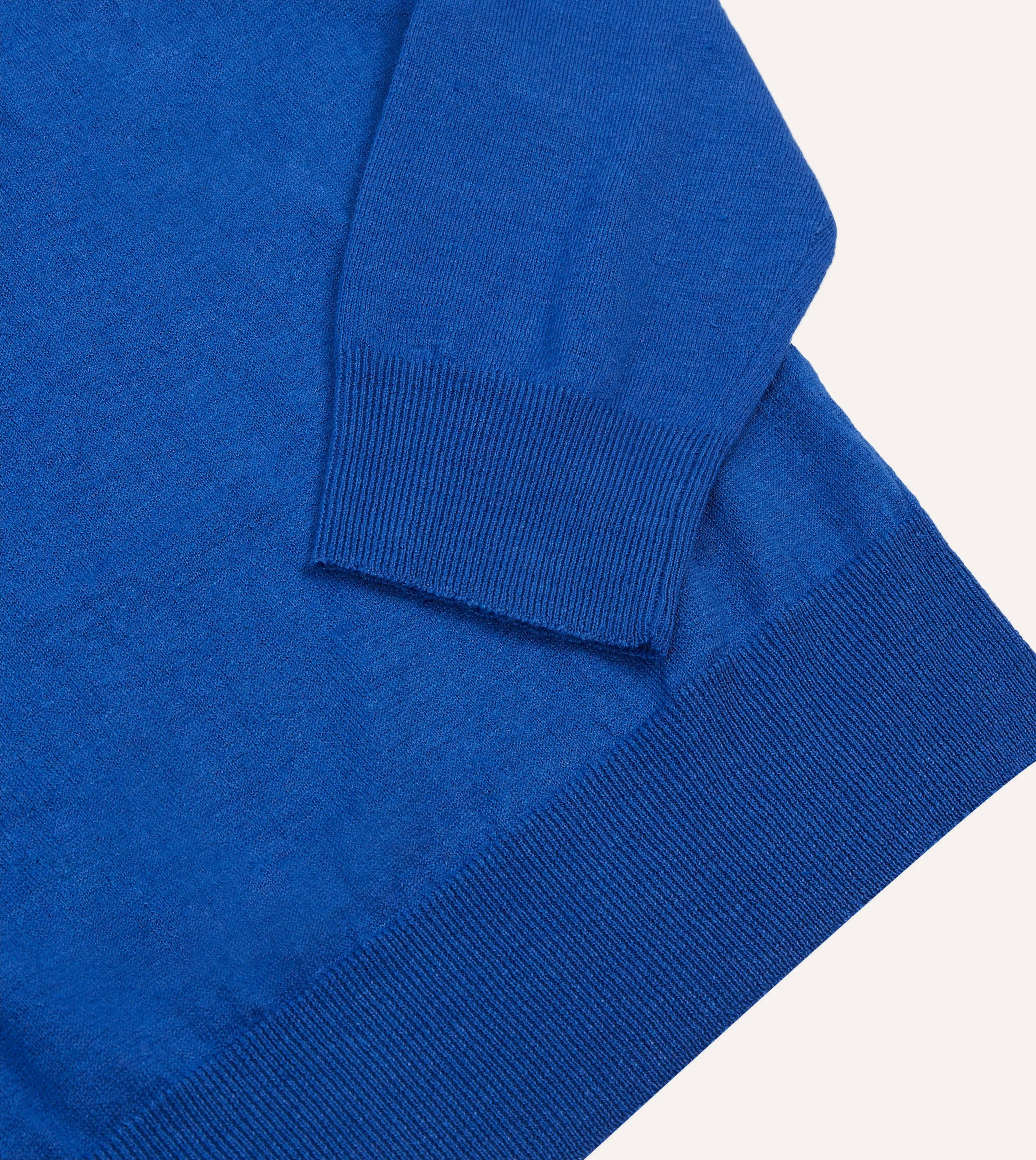 Blue Linen-Cotton Knitted Long-Sleeve Polo Shirt