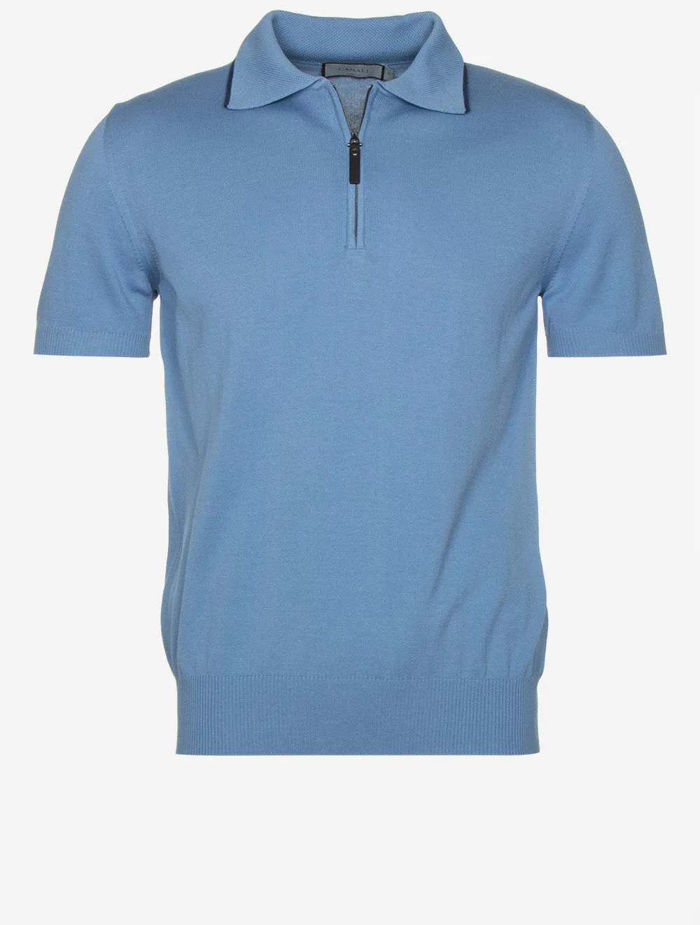 Cotton Zip-up Polo Shirt Muted Blue