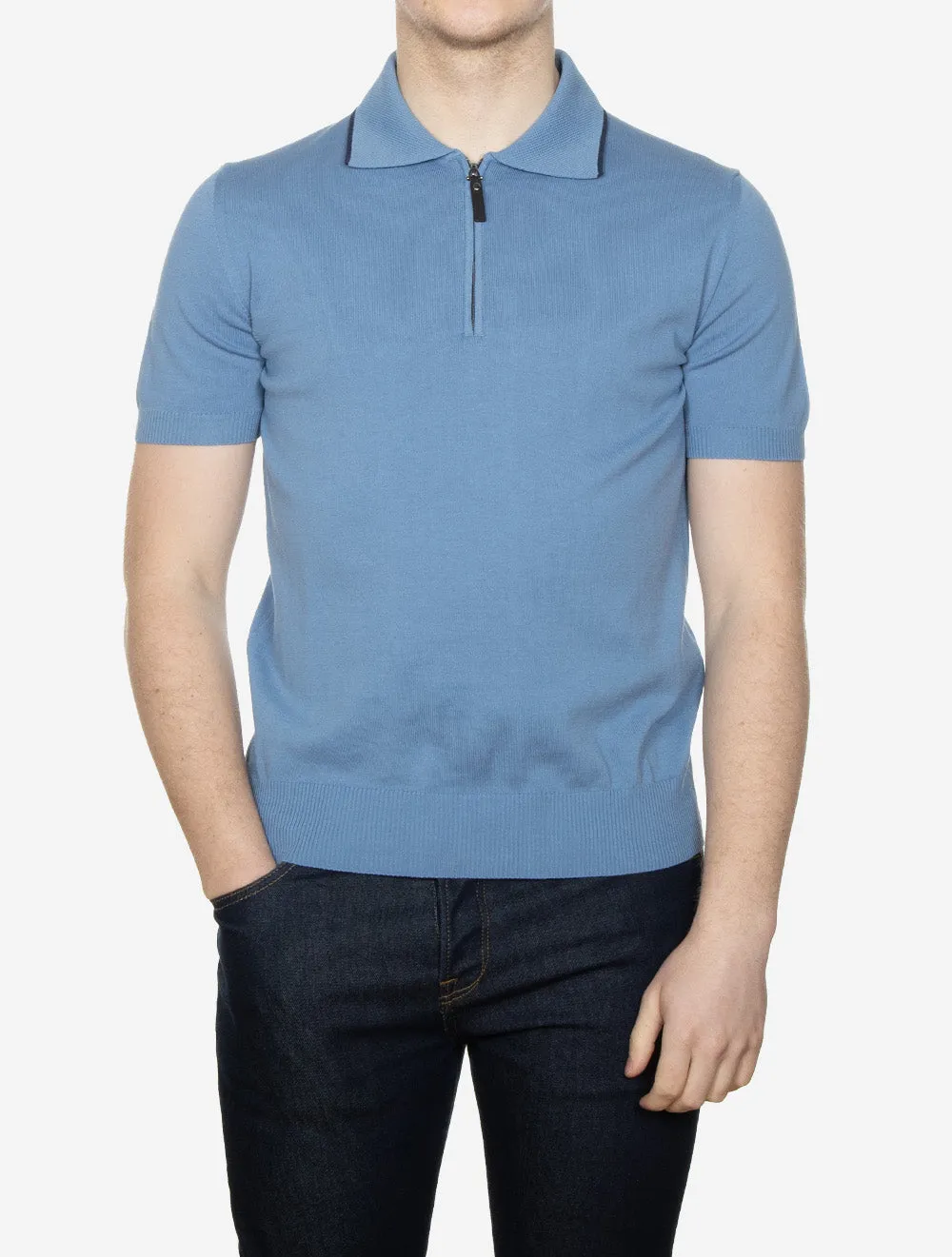 Cotton Zip-up Polo Shirt Muted Blue