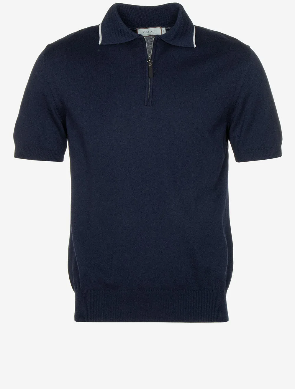 Cotton Zip-up Polo Shirt Navy