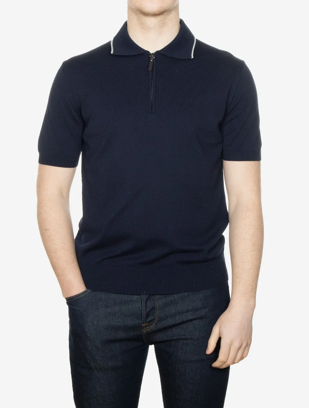 Cotton Zip-up Polo Shirt Navy