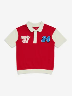 HOP Kids Red Printed Cotton Polo T-Shirt