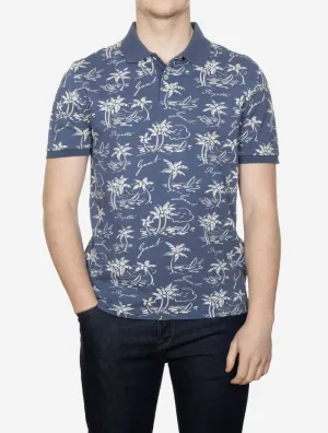 Island Print Cotton Short Sleeve Polo Shirt Dusty Navy