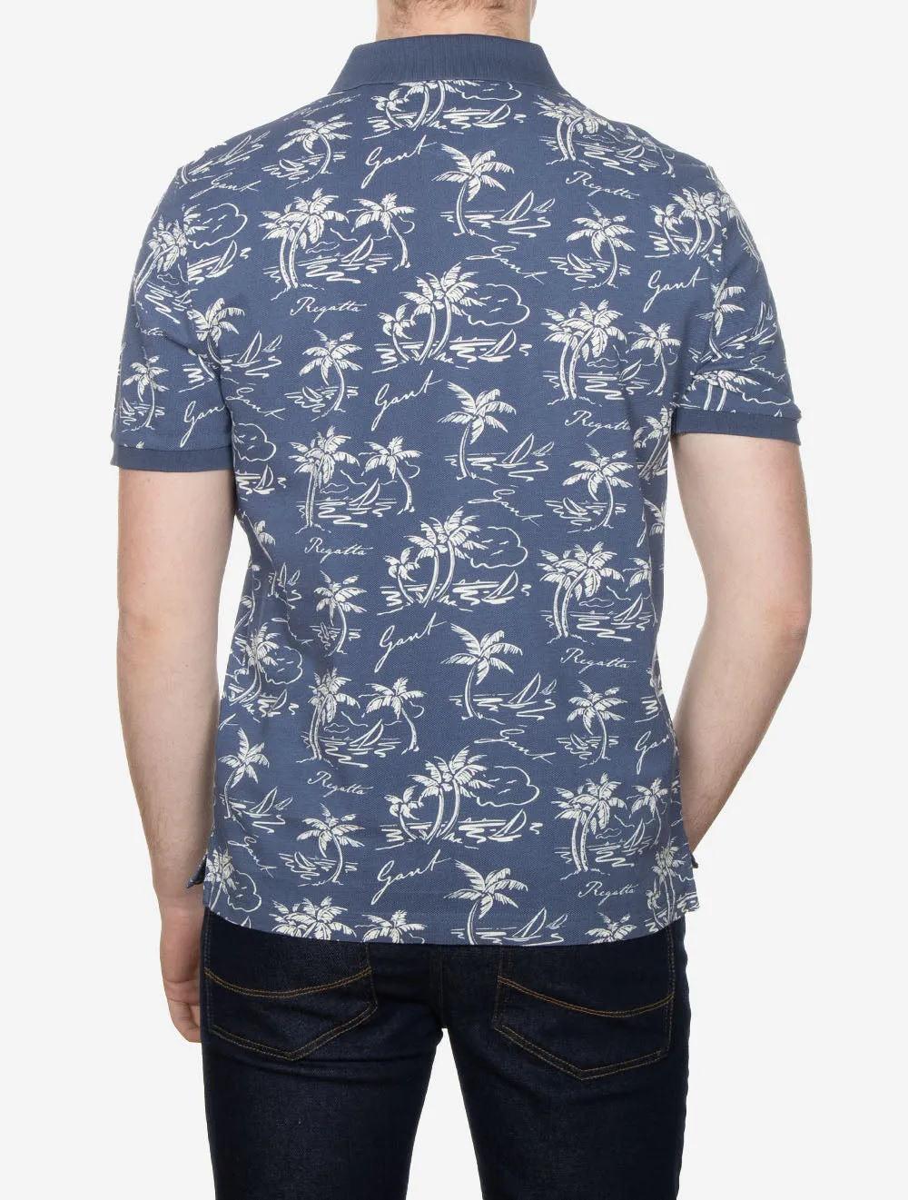 Island Print Cotton Short Sleeve Polo Shirt Dusty Navy