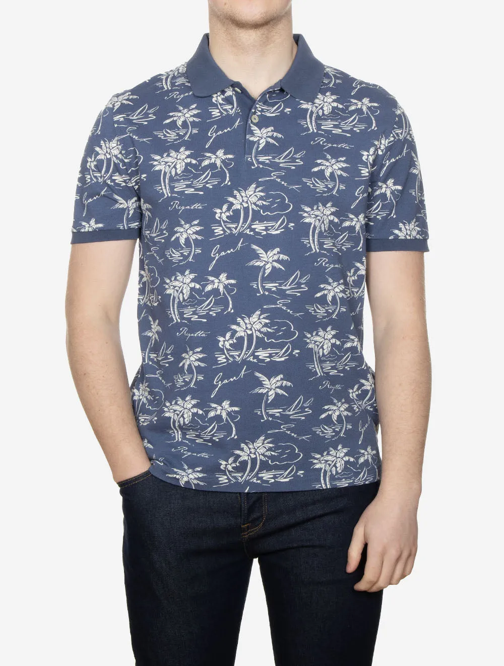 Island Print Cotton Short Sleeve Polo Shirt Dusty Navy