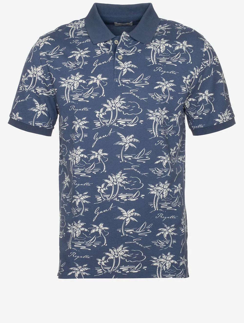 Island Print Cotton Short Sleeve Polo Shirt Dusty Navy