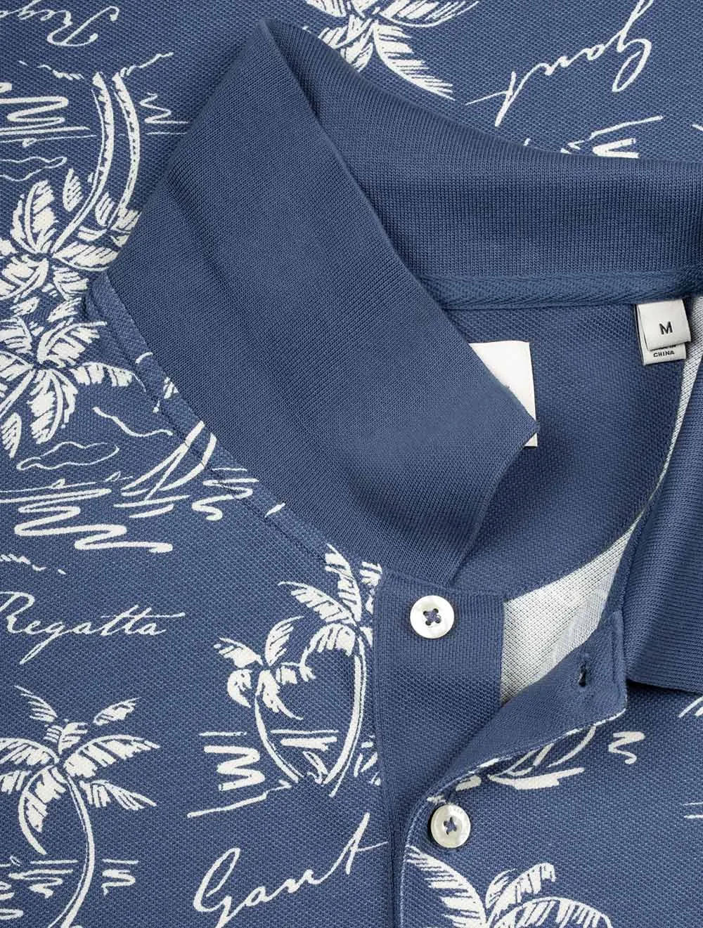 Island Print Cotton Short Sleeve Polo Shirt Dusty Navy