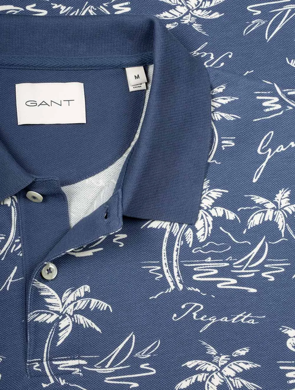 Island Print Cotton Short Sleeve Polo Shirt Dusty Navy