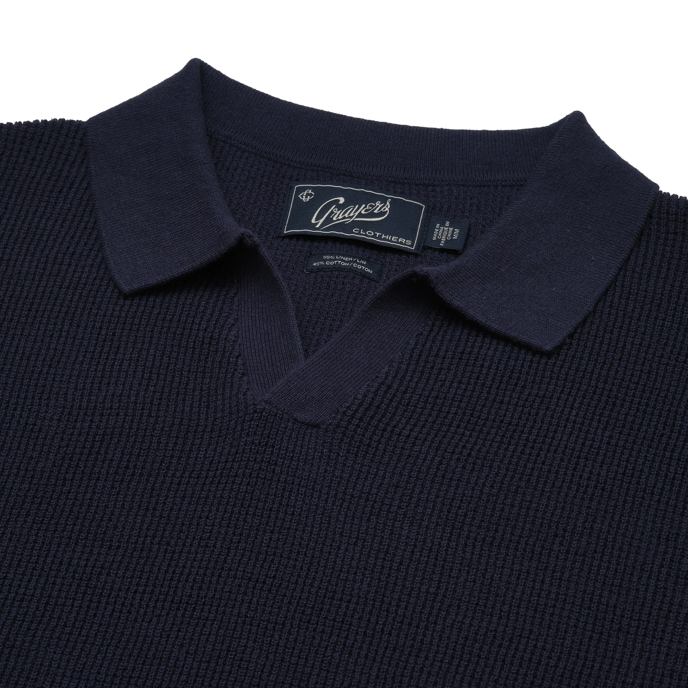 Jono Texture Stitch Johnny Collar Sweater Polo - Dark Navy