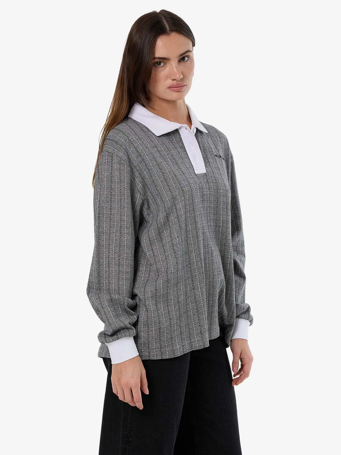 Limitations Stripe Rugby Long Sleeve Polo - Black