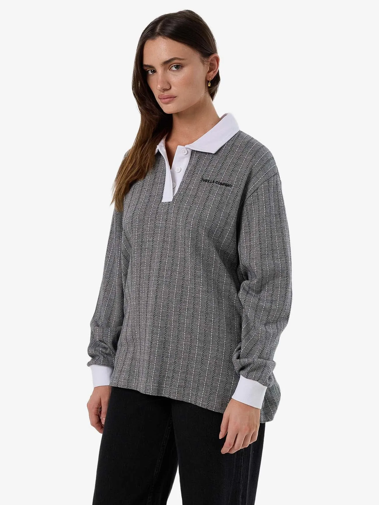 Limitations Stripe Rugby Long Sleeve Polo - Black