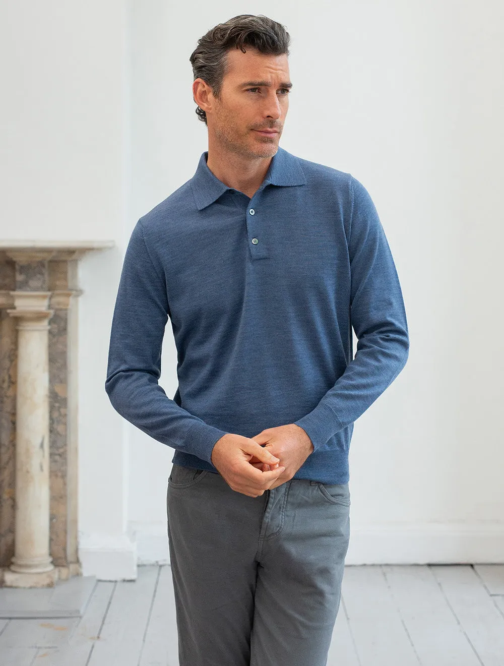 Merino Long Sleeve Polo Blue