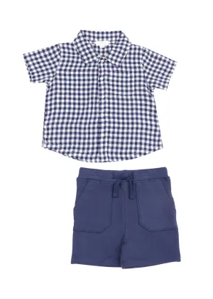 Muslin Polo & French Terry Short Set - Navy Gingham