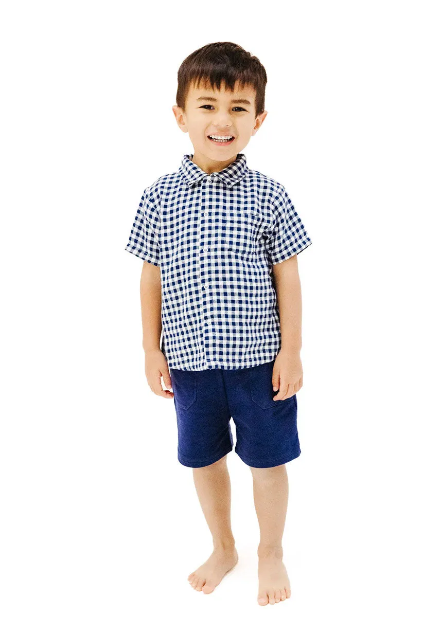 Muslin Polo & French Terry Short Set - Navy Gingham