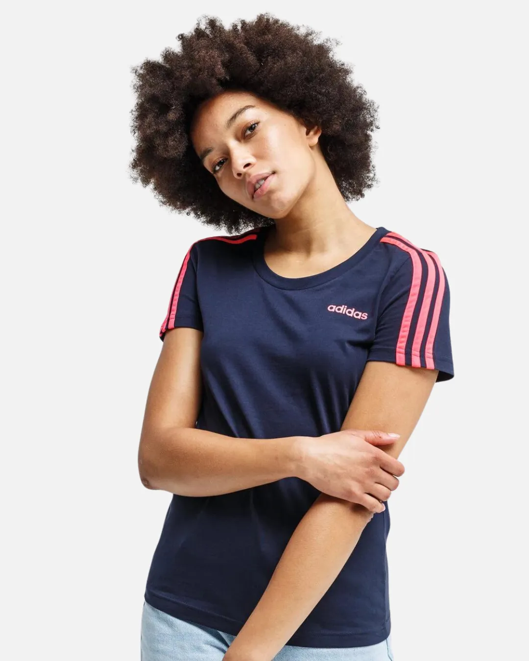 T-Shirt Adidas 3 Bandes Femme - Bleu/Rose