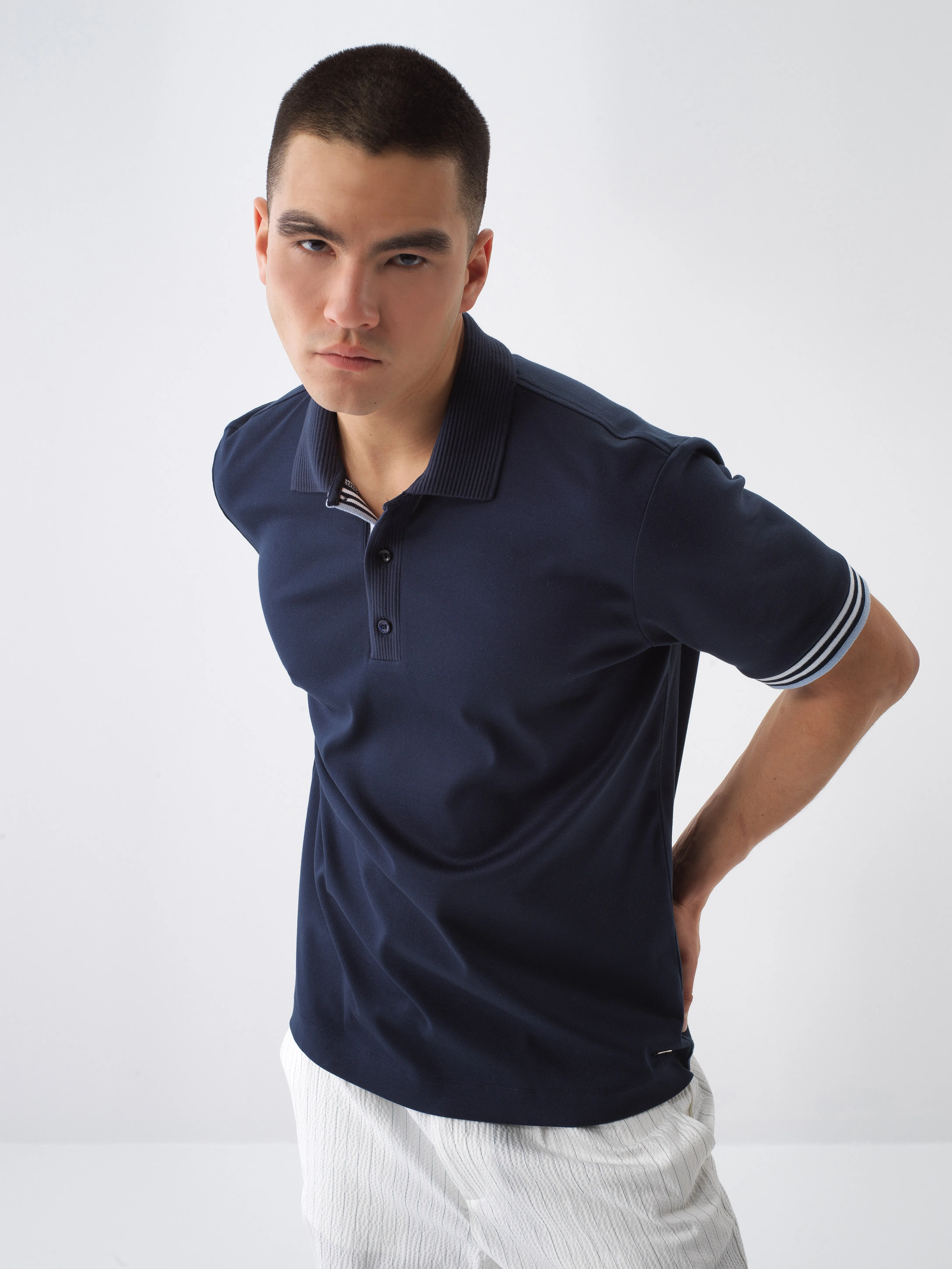 Xint Navy Polo With Stripe Shoulder